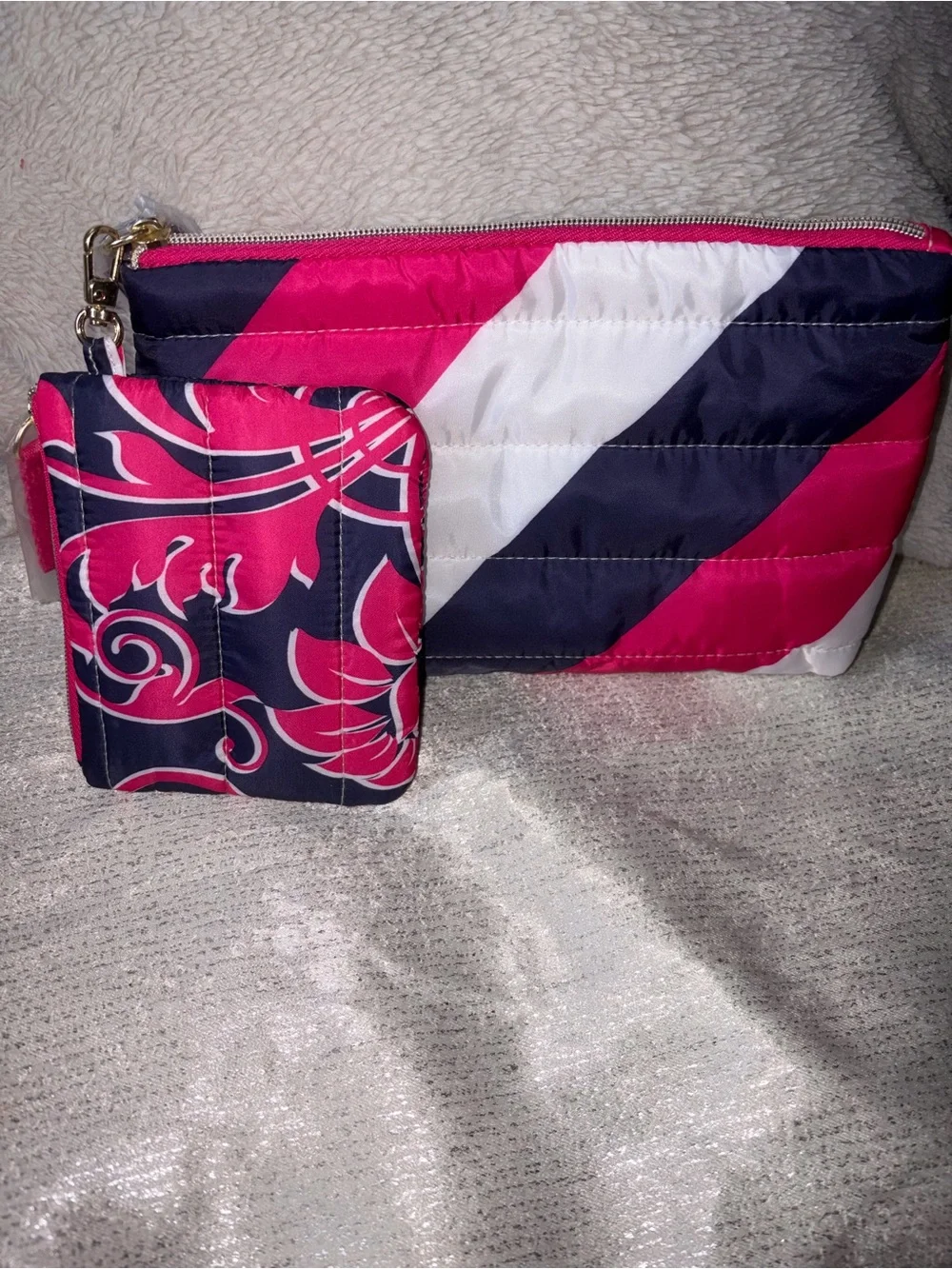 NWT Estée Lauder 2-Piece Puffy Quilted Cosmetic Bag Set – Pink & Navy Floral